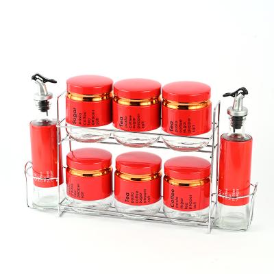 China Viable Red Kitchen Decor Multifunctional Amazon Oil Bottle Dispenser Glass Spice Jar Set for sale