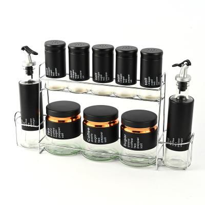 China New Arrival Sustainable Oil Bottle Salt Sugar Spice Rack Set 10 Pcs Black Kitchen Bottles Seasoning Jars for sale