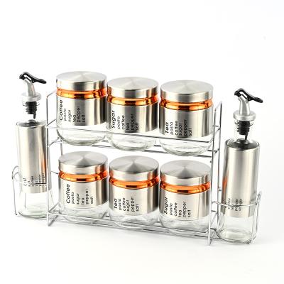 China Sustainable Household Cooking Tools Oil Bottle Salt And Pepper Shakers Glass Seasoning Storage Rack Set for sale