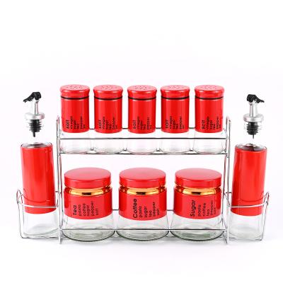 China Sustainable European Style Kitchen 10pcs Seasoning Jar Glass Dressing Bottle With Seasoning Rack for sale