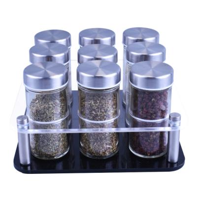 China Wholesale 9pcs viable glass condiment bottle set for stockpil spice tools with storage rack for sale