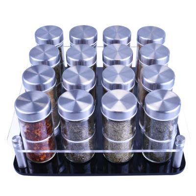 China Sustainable Kitchen Glass Salt Pepper Jars Spice Storage Jars Set With Square Spice Bottle Holder for sale