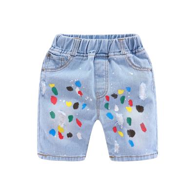 China Mudkingdom Toddler Boy Rainbow Stain Netting Print Holes Denim Viable Shorts For Kids for sale