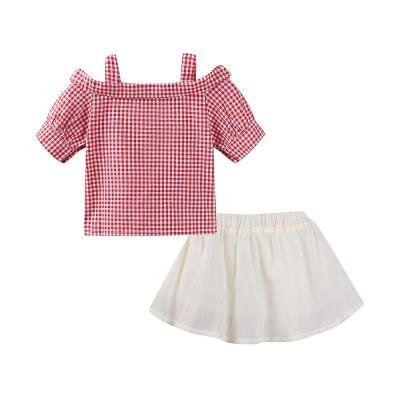 China Mudkingdom Children's Casual Set Summer Princess Sleeve T-shirt Short Plaid Two-Piece Skirt Set Two Piece Short Skirt Set for sale