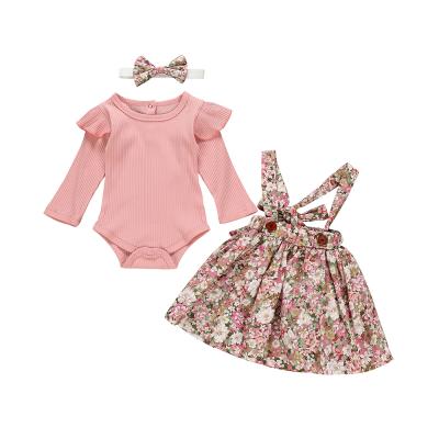 China Long Sleeve Mudkingdom Infant Baby Knitted Ribbed Cotton Ruffled Short Sleeve Baby Overalls 3 Piece Suspender Skirt Floral Clothing for sale