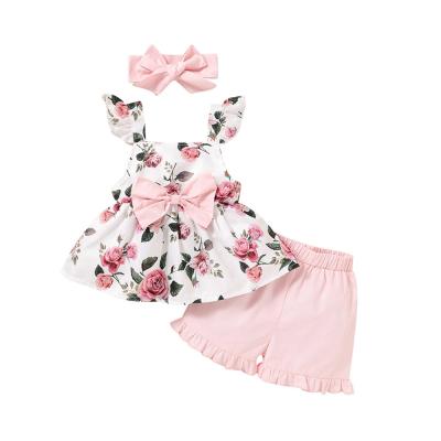 China Custom Mudkingdom Baby Bow Suspender Solid Color Ruffle Top Shorts Print Floral Ruffled Kids Dress Sets 3 Pieces for sale