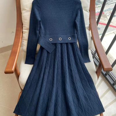 China France Paris Fashion Real Breathable Elegant Silk Cashmere Medium Length With Belt Casual Wear Clothing Women Blue Dresses for sale