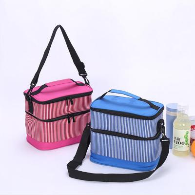 China Yarn-dyed fabric +6mm cotton + aluminum insulation bag high quality wholesale high quality double layer stripe film lunch bag custom portable ice bag insulation box for sale