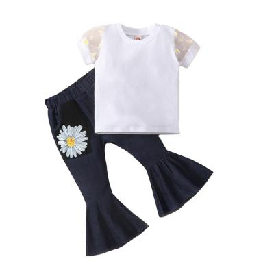 China Washable White Round Collar Kids Sportswear Sets Girls Bell Bottoms Pants Summer Top Set for sale