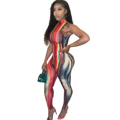 China Stripe Pattern Print Bodycon Overalls Women's Long Jumpsuits QUICK DRY Sleeveless Casual Hot Products Fashion K21JP228 for sale