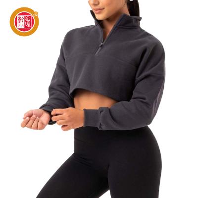 China Anti-Wrinkle High Quality Long Sleeve Half Sleeve Zipper Stand Collar Fleece Black Color Crop Hoodies For Women for sale