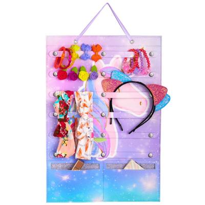 China Sublimation print workable rainbow unicorn hanging wall folder hair clip headband mounted pockets felt jewellry wall rack organizers for sale