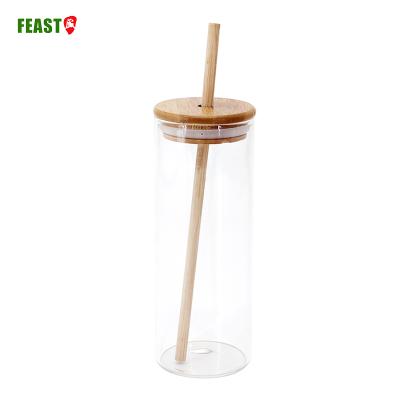 China Viable Hot Sale Glass Tea Juice Cup With Bamboo Lid Straw Cup Bamboo Cover High Borosilicate Drink Milk and Straw for sale