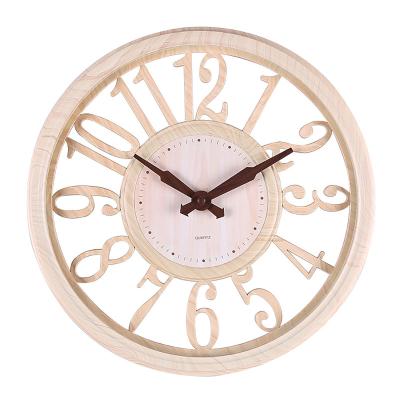 China Antique Style Raymons 12 Inch Round Hollow Wooden Silent Nap MDF Wall Clock Digital Reading Pendulum Home Decoration With Customized Logo for sale