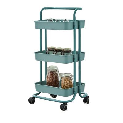 China Sustainable Household Kitchen Rolling Cart Stand Corner Storage 3-Layer Shelf With Plastic Wheels for sale