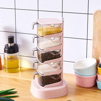 China 2023 Viable Hot Product Kitchen Accessories Seasoning Pot With Spoon 5 Layers Storage Plastic Pot Condiment Rotating Seasoning Box for sale