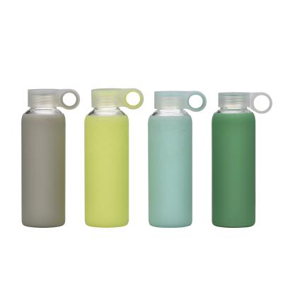 China Sustainable Customized Capacity Logo Silicone Sleeve Color Borosilicate Glass Sports Bottle With Handle for sale