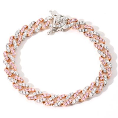 China Simple Pink White Zircon Hip Hop Cuban Chain Bracelet 9mm Row Hip Hop Male And Female Hiphop Bracelet for sale