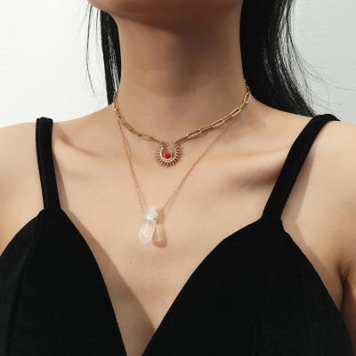 China TRENDY Fashion Ethnic Double Layered Stainless Steel Necklace Ruby Sun Transparent Crystal Necklace Jewelry for sale