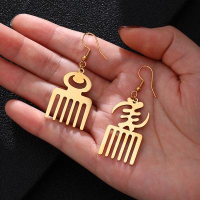 China New African Hiphop Dangle Earrings Fashion Hollow Gold Stainless Steel Earrings for sale