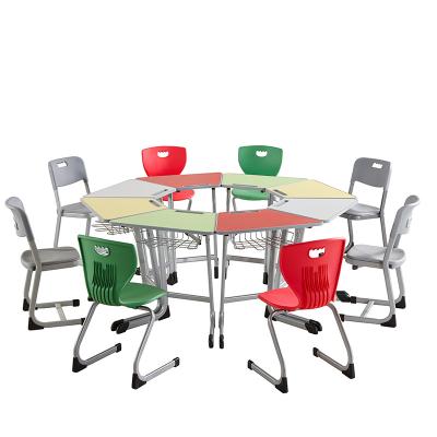 China Modern Trapezoidal Adjustable Desk School Height Student School Desk and Chair Set for School Students for sale