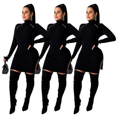 China Anti-Static High Quality Casual Buckle Pleated Flare Striped Sleeve Neck Turtle Sexy Dress for sale