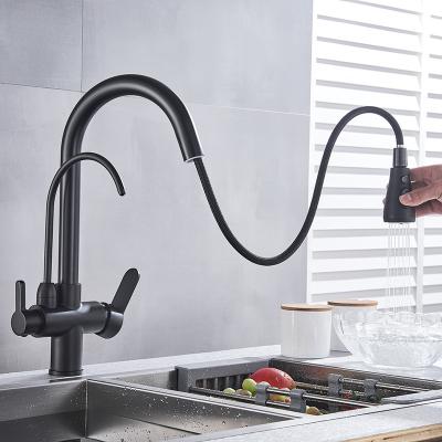 China Modern Black Stainless Steel Three Function Hot And Cold Drinking Faucet Tap To Pull Out Kitchen Sink Faucet for sale