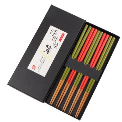 China Viable green and reusable minimalist Japanese style of red bamboo chopsticks five pairs in a gift box chopsticks for sale