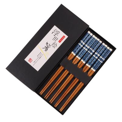 China Viable Blue And White Single Bamboo Chopsticks Pattern Five Pairs Gift Box Reusable Premium Chopsticks for sale