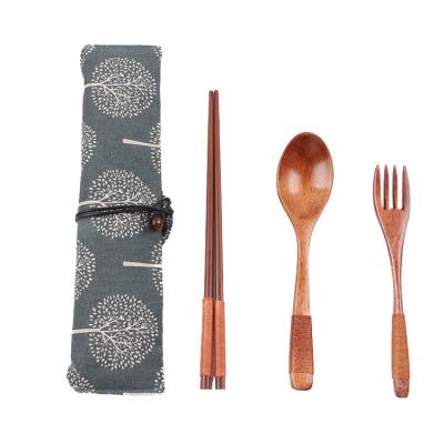 China Viable Wooden Chopsticks Administer Spoon Fork Convenient Gold Wire Set Goods With Cloth Carry Bag Cutlery Set for sale