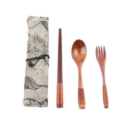 China Japanese Style Sustainable Reusable Tableware Set Wooden Chopsticks Spoon Exquisite Fork For Camping Travel Cutlery Set for sale