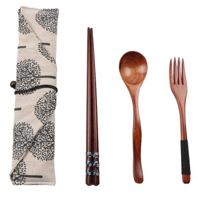 China Sustainable Wooden Chopsticks Spoon Fork Set Durable And Convenient Reusable With Cloth Carry Bag Cutlery Set for sale