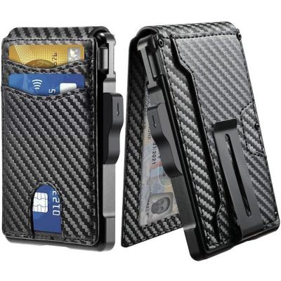 China 6-in-1 Black Carbon Fiber Genuine Leather Multifunctional Aluminum Card Wallet Back With Steel Money Clip for sale