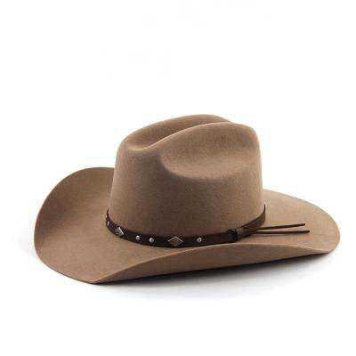 China Image LiHua Fashion 100% Wool Felt Large Brim Cowboy Hat Men Unisex Customized Leather Cowboy Hats Wholesale for sale