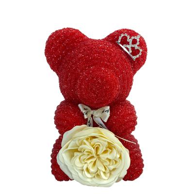 China Real Romantic Preserved Rose Styrofoam Bear Valentine Artificial Rose Mini Bear Rose Soap Bouquet for sale