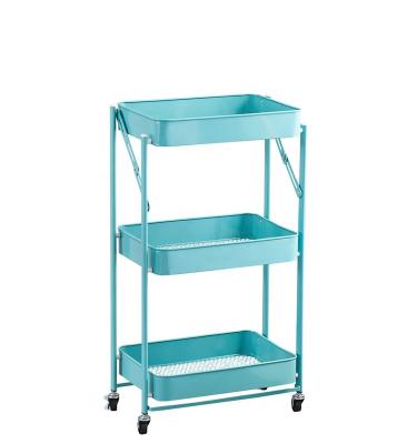 China Foldable Multifunctional 3-Tier Steel Rolling Utility Trolley Storage Movable Organizer Cart with Lockable Wheels Mesh Basket for sale