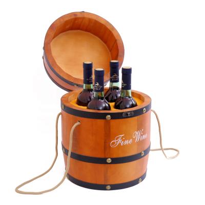 China Sustainable Wooden Barrel Shaped Case For 4 Wine Bottles Handmade Wooden Barrels for sale