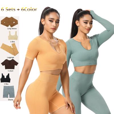 China Breathable Two Piece Tops Gaiters Butt Lift Sports Bra Shorts V-Neck Sets Quick Dry Seamless Sportswear Panties And Gym Yoga Ribbed Set for sale