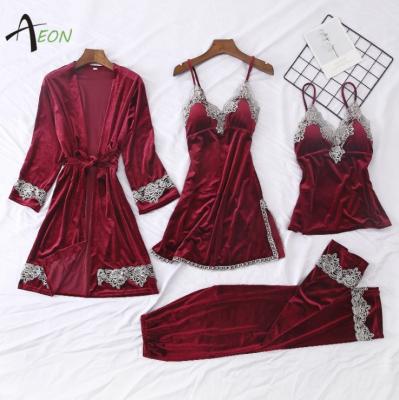 China High Quality QUICK DRY Velvet Pajamas Set With Lace Velvet Pajamas Long Dress Set For Women for sale