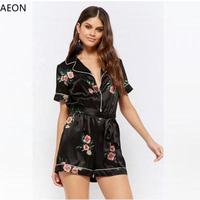 China Women Boutique Summer Rompers Satin Floral Print QUICK DRY Jumpsuits And Rompers for sale