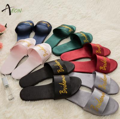 China Printed Wedding Satin Slippers For Women Bridesmaid Customized Slippers With Printed Logo for sale