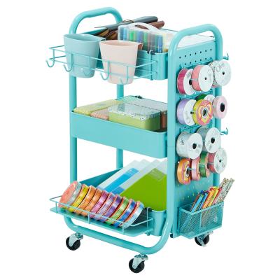 China Strong Wearability Simple 3 Tier Rolling Tool Tending Cart with Handle and Wheels Lockable Metal Mesh Utility Organizer Cart Office Kitchen Bar for sale