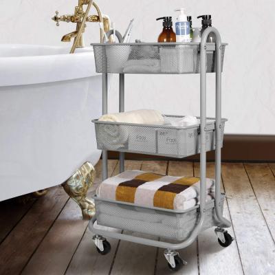 China 3 Tier Metal Mesh Movable Metal Wearability Storage Foldable Rolling Cart Strong Universal Steel Metal Cart Kitchen Cart Foldable Rolling Cart for sale