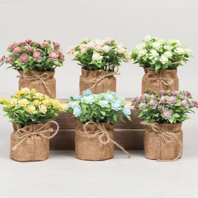 China Home Potted Hemp Bag Decoration Faux Flower Table Bonsai Art Decor Mini Artificial Plants Ornaments Plastic Mandala Flower Potted Plants for sale