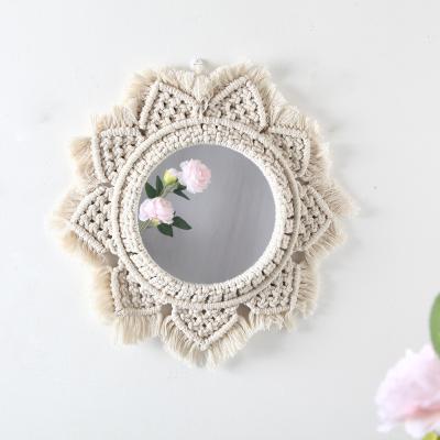 China Bohemian Elegant Design Wall Hanging Round Mirror with Handmade Cotton Woven Tassel Retro Style Cream Beige Macrame Wall Mounted Mirror for sale