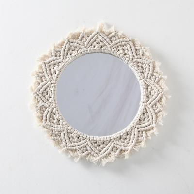 China Rustic Bohemian Style Wall Hanging Mirror with Antique Macrame Fringe Boho Weave Wall Hanging Makeup Circle Mirrors for Gift Ideas for sale