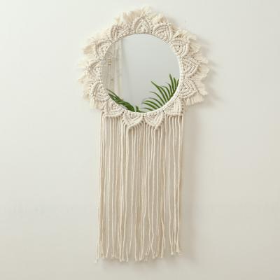 China Bohemian Boho Art Decor Macrame Fringe Hanging Round Decorative Wall Makeup Mirror for Apartment Living Room Bedroom Bathroom Home Decor for sale