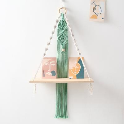 China Handmade Woven Tifany Blue Macrame Plants Display Cotton Rope Christmas Decor Macrame Wall Hanging Tapestry Shelf Rack for Bedroom Living Room for sale