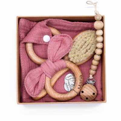 China Non-Toxic Organic Natural Organic Natural Teeth Ring Rattle Rattle Rabbit Ring Beech Wooden Towel Baby Bath Towel Cotton Baby Gift Sets for sale