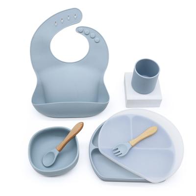 중국 Sustainable Silicone Feeding Set Bamboo Wooden Bowl Silicone Baby Spoon And Flat Fork Toddler Children 판매용